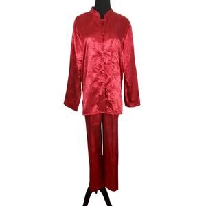 Vintage 80s Pajama Set Red Satin Mandarin Collar Long Sleeve Lounge Wear Women M